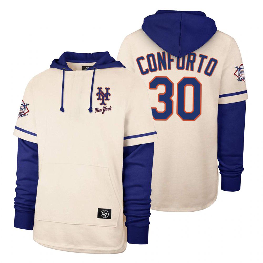 Men New York Mets #30 Conforto Cream 2021 Pullover Hoodie MLB Jersey